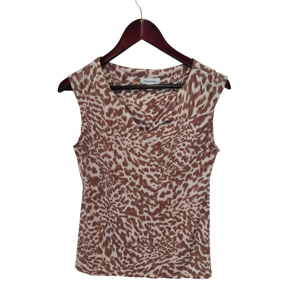 Calvin Klein Women Brown White Leopard Print V-Neck Sleeveless Shell‎ Blouse S